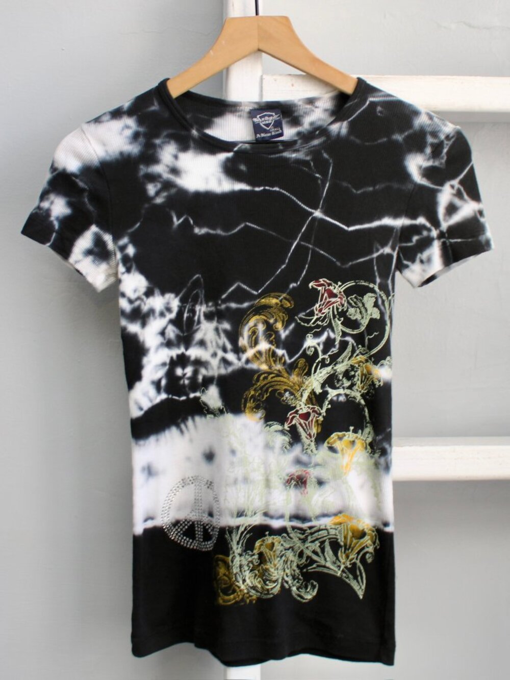 Vintage Y2K Sledge USA Embellished Graphic Tie Dye Black Sz Small Baby Tee - Picture 7 of 9